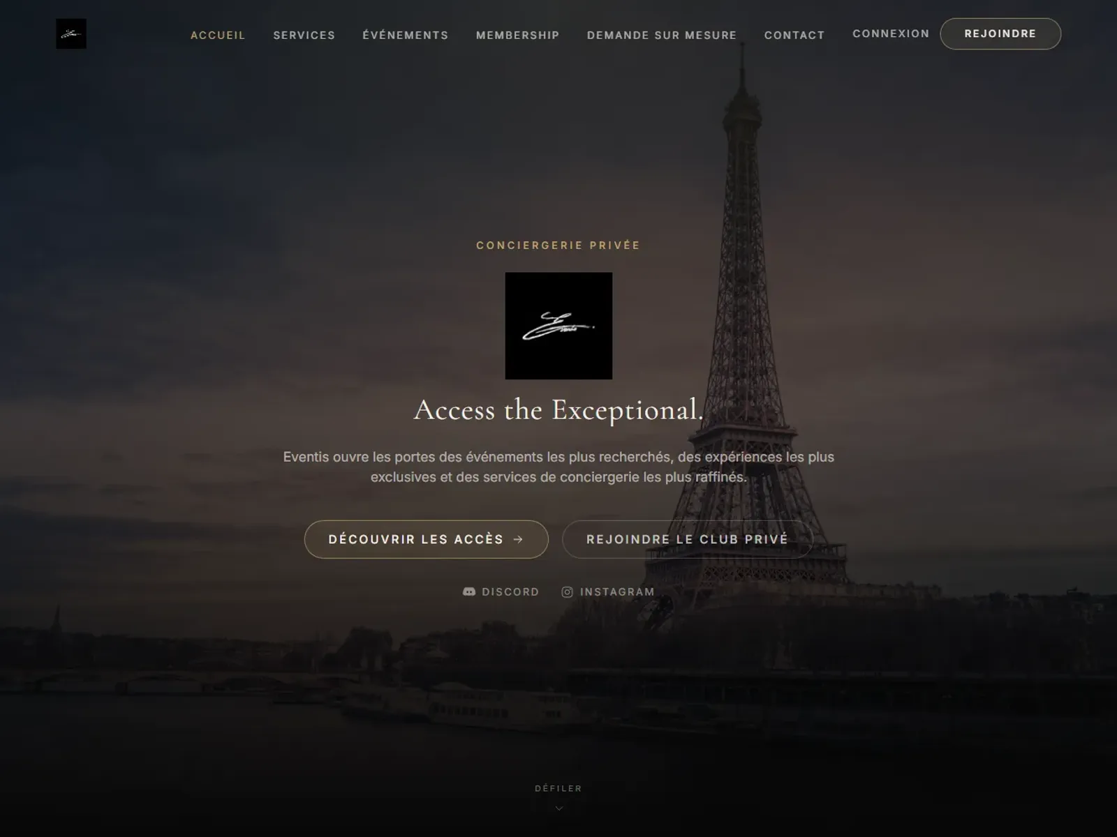 Site Eventis — hero « Access the Exceptional », conciergerie de luxe
