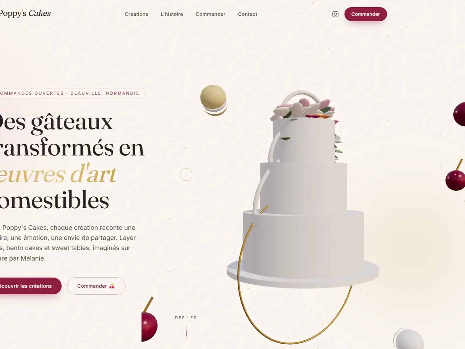 Concept Poppy's Cakes — hero gourmand, layer cake 3D et cerises sur fond crème