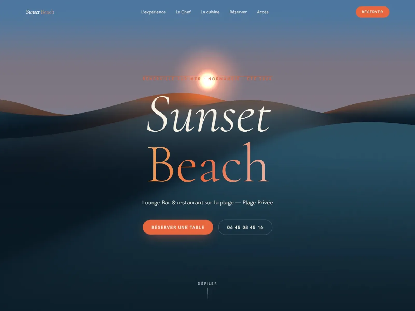 Concept Sunset Beach — hero crépusculaire « face au large » à Bénerville-sur-Mer